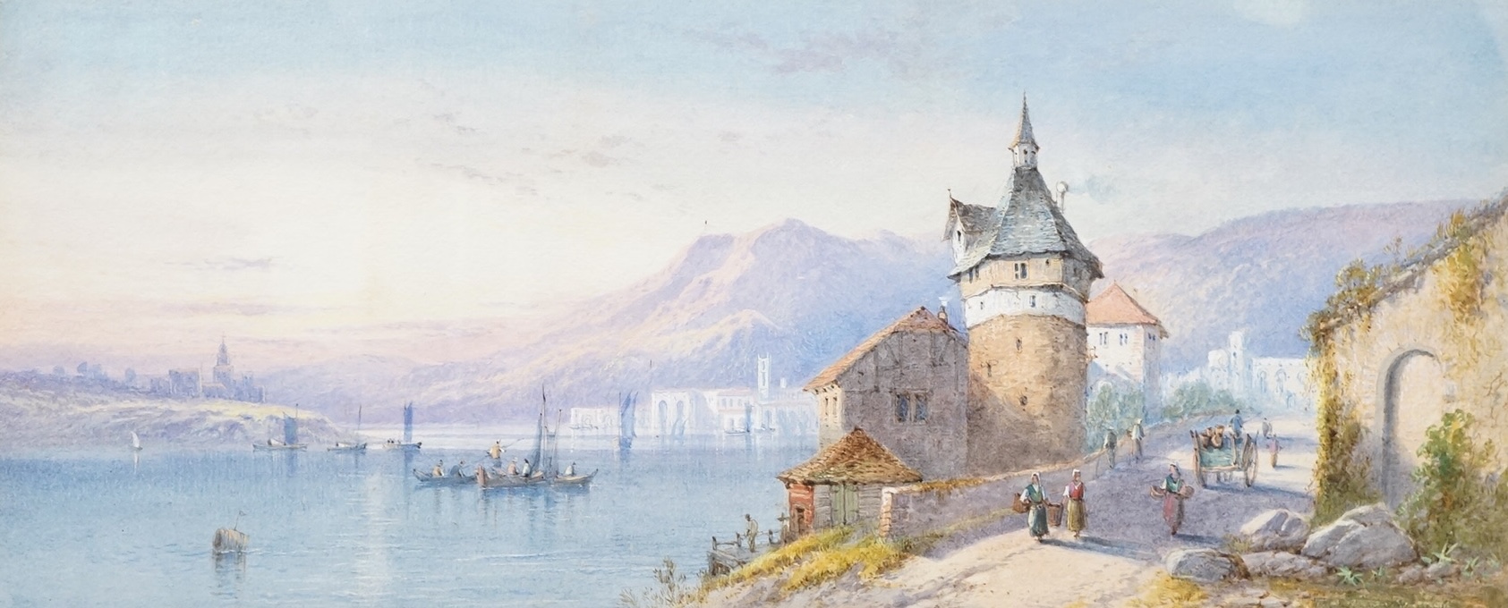 Edwin St. John (aka Frank Catano) (fl. 1880-1920), Italian lakeside view with figures, unsigned, inscribed to the mount, watercolour, 22 x 52cm